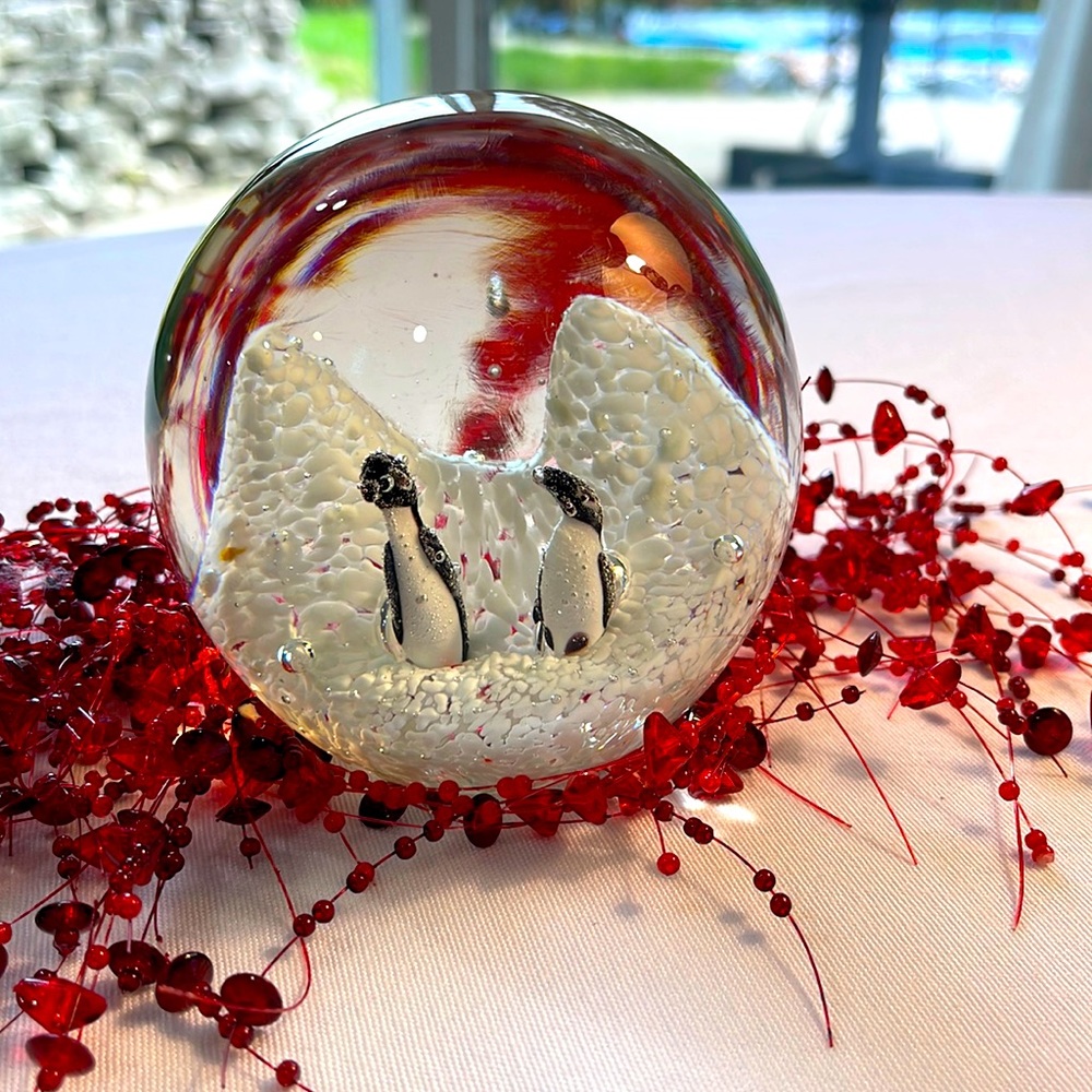 Charming, penguin snow paperweight… About 5 inches high, about 12 inches round